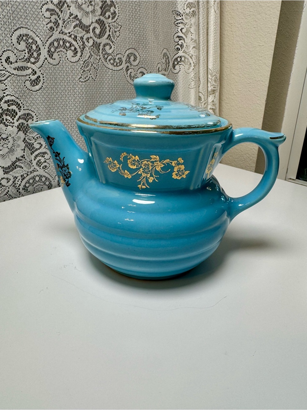 Vintage 1950s Enterprise Drip-O-Later Blue Ceramic Coffee Pot- 22K Gold Flowers